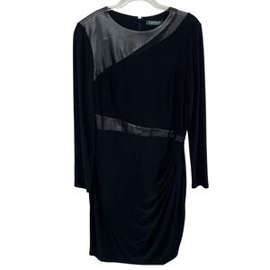 Lauren Ralph Lauren Sheath Dress Womens 14 Black Faux Leather Trim Long Sleeve